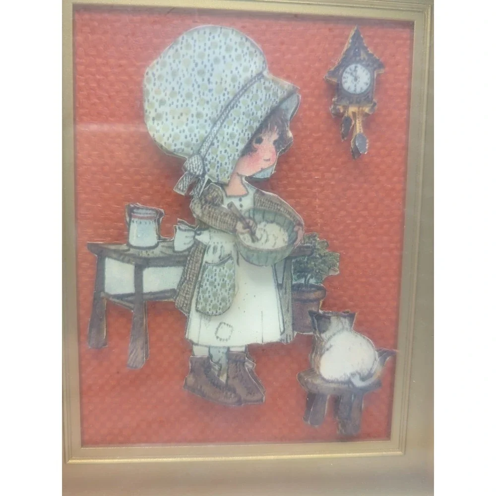 Vintage 70s Holly Hobbie Shadow Box 3D Layered Paper Art Gold Frame Glass 5.75in